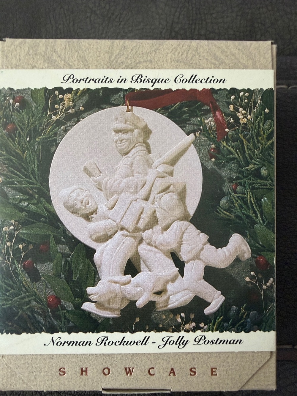 Norman Rockwell Jolly Postman Bisque Ornament - White with Red Ribbon